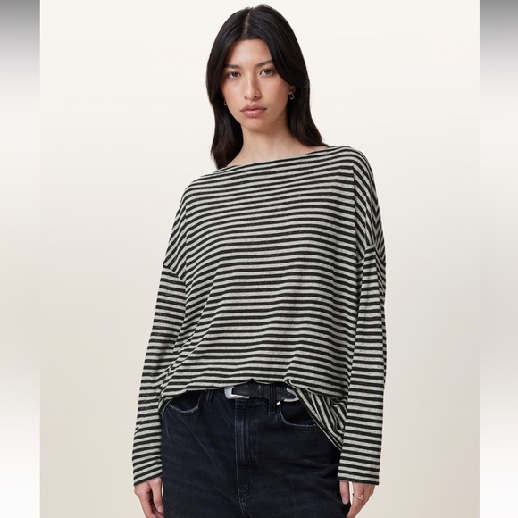 ALLSAINTS - Rita LS Relaxed Fit Striped T-Shirt Slash Neckline Top Size XS - Picture 1 of 11